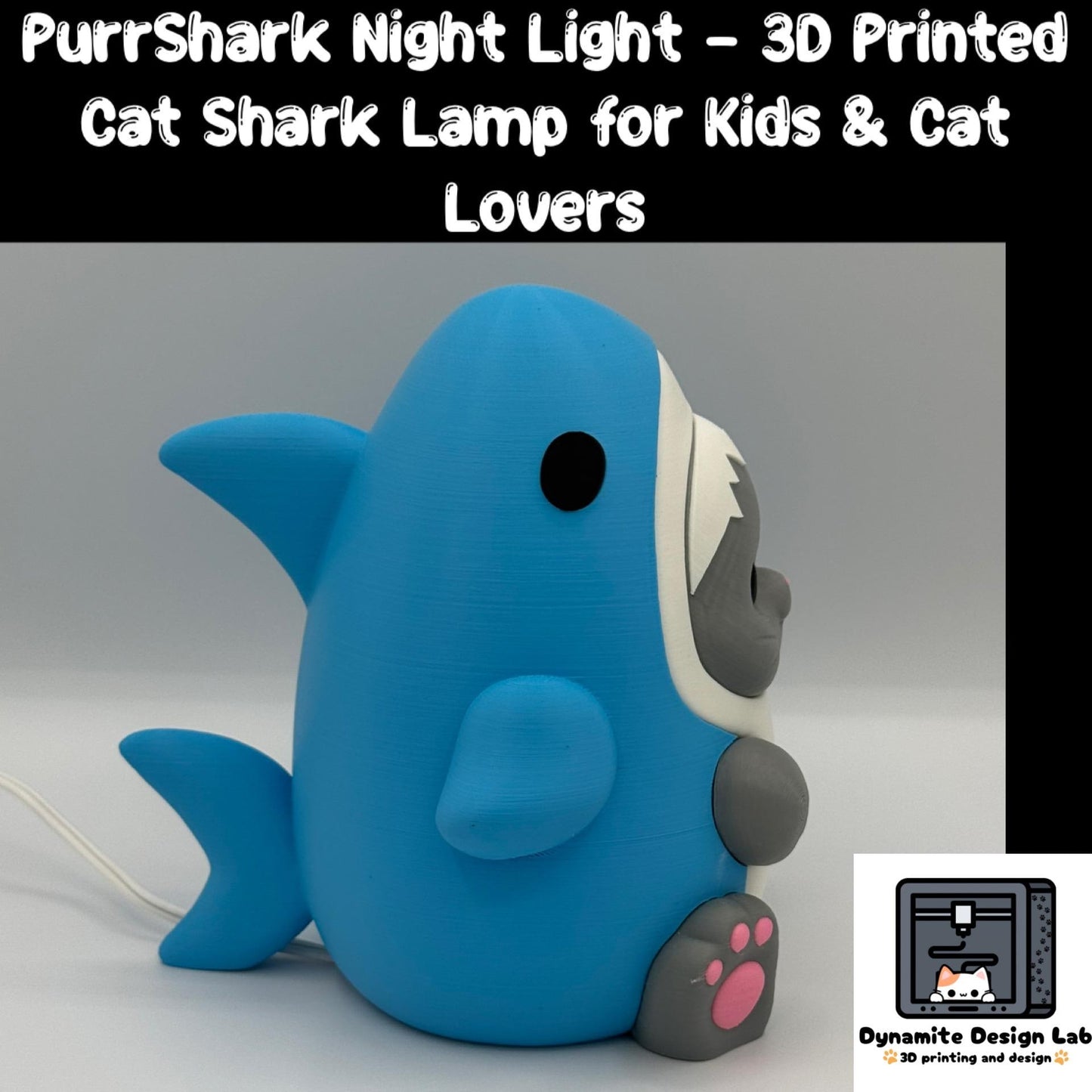 PurrShark Night Light – 3D Printed Cat Shark Lamp for Kids & Cat Lovers